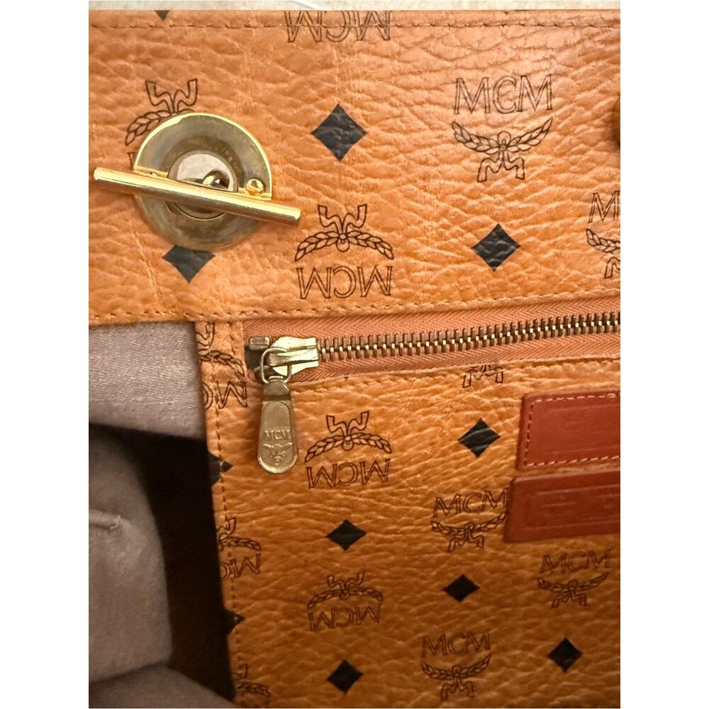 MCM Visetos Cognac Shoulder Bag Gold Chain Strap Medium Tote - Picture 12 of 16